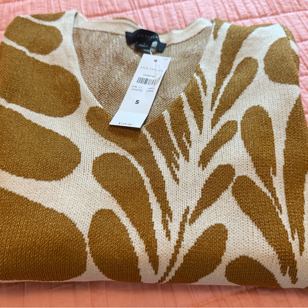Ann Taylor Gold Knit Leaf Print Sweater Dress | Size Small | NWT | Vintage